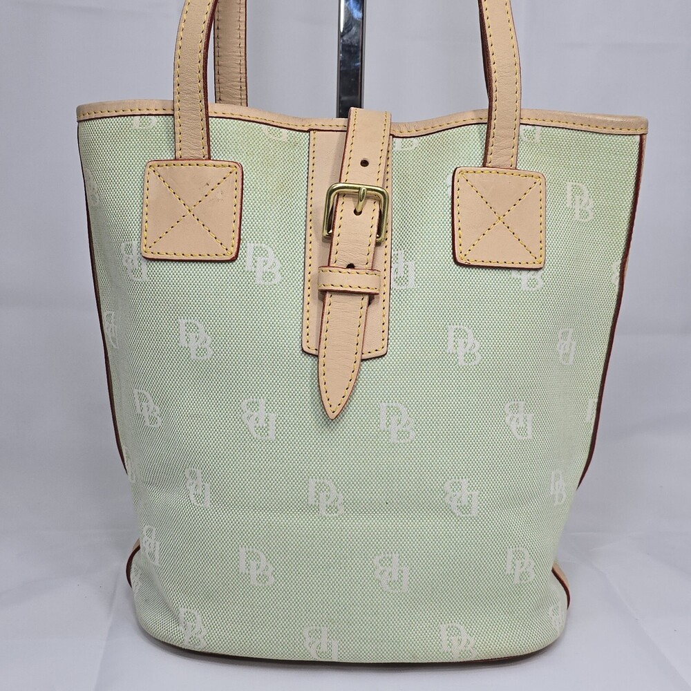 Vintage 90's Dooney & Bourke Signature Mint Green Canvas/Tan Leather Bucket Bag